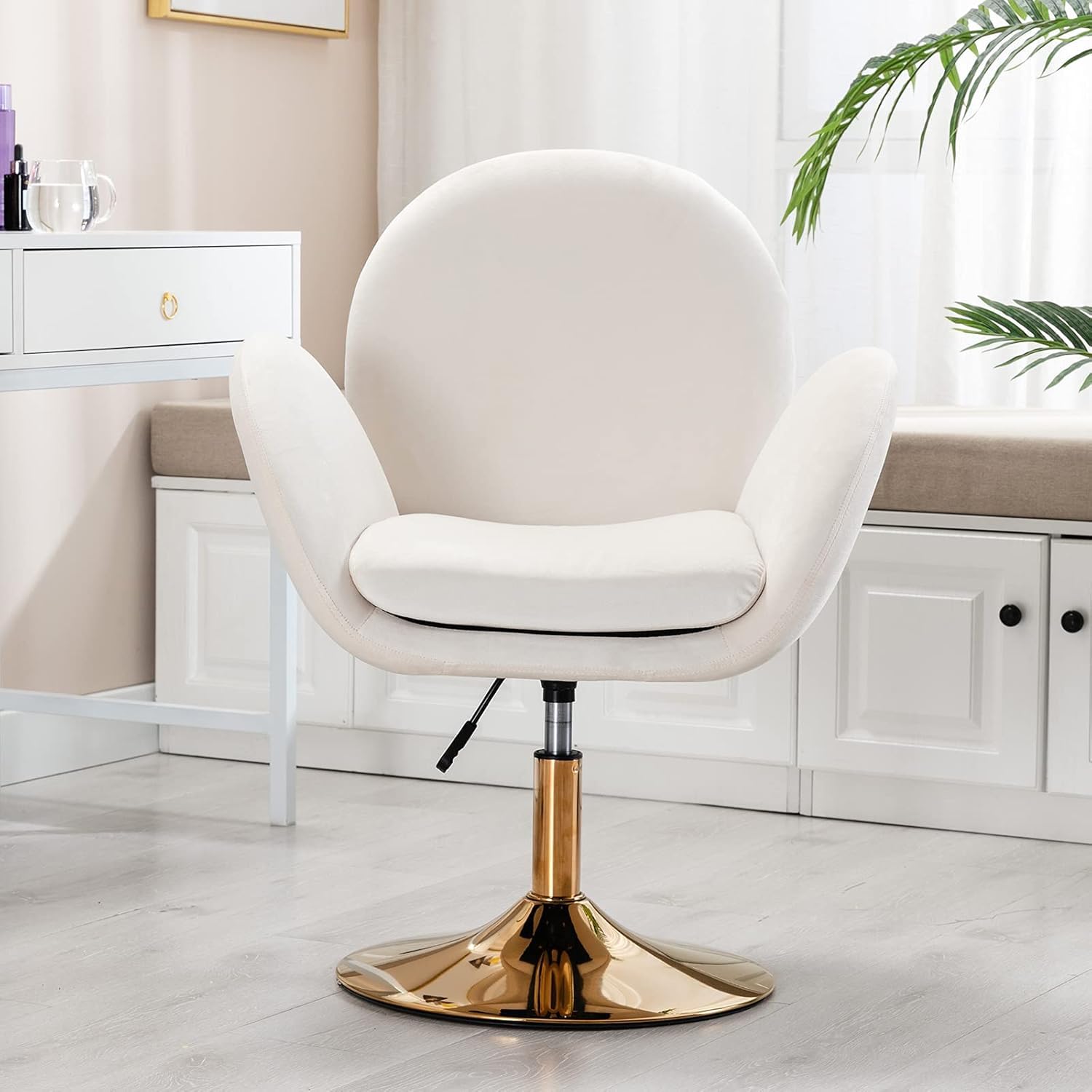 Loungesessel Höhenverstellbar 360°Drehbar Sessel, Schminkstuhl Drehstuhl Polsterstuhl mit goldenem Sockel aus Samt für Schlafzimmer Wohnzimmer Schminktisch, Beige