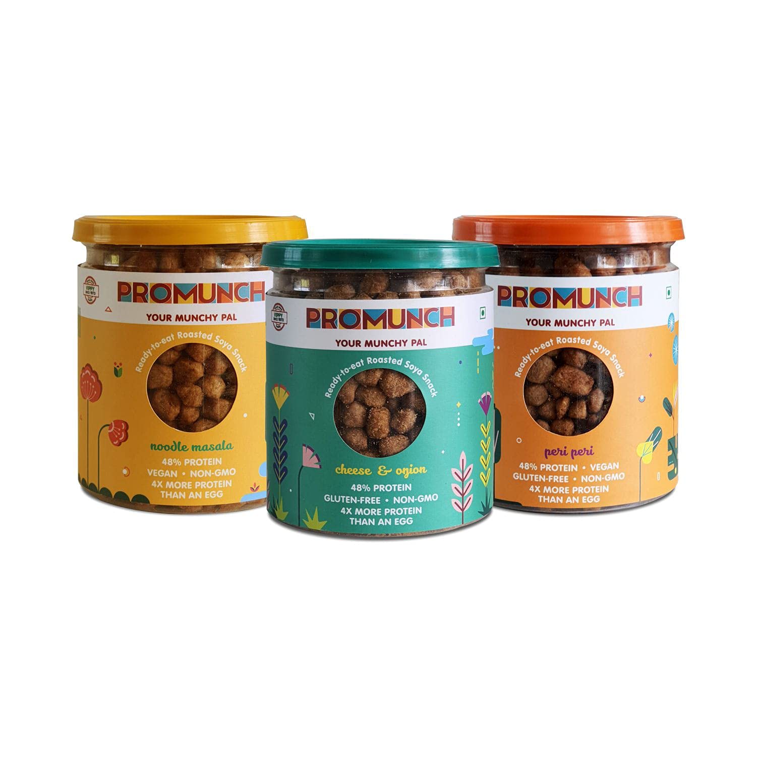 PROMUNCH Roasted Soya Snack | High-Protein | Healthy | Gluten-Free | Pack of 54, Flavour: Peri-Peri, Noodle Masala And Cheese & Onion, 150g Each | Party Snacks