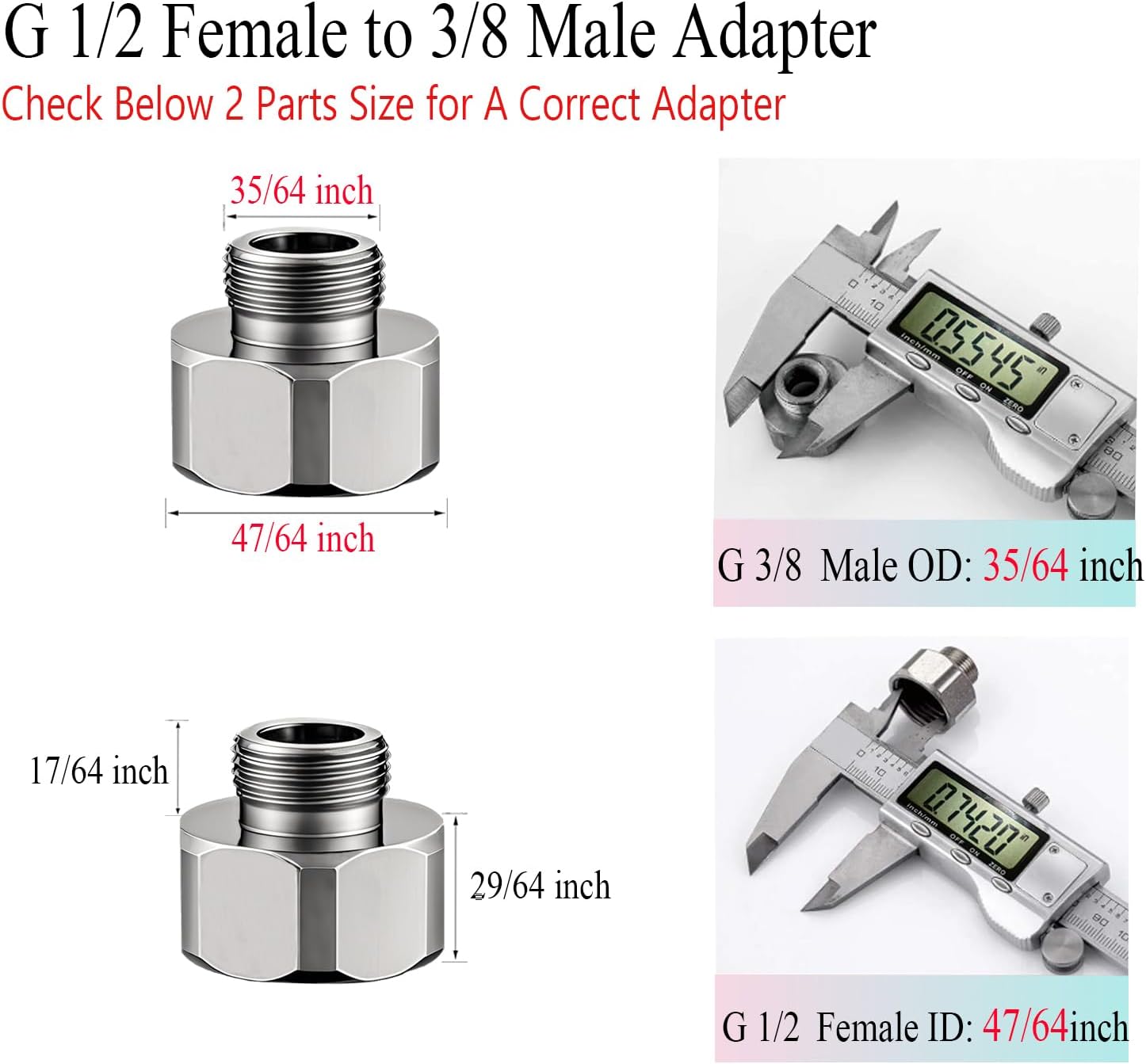 1/2 Female to 3/8 Male Adapter,Brass water line Adapter Reducer for Kitchen/Bathroom Faucet Supply Lines, Leak-Proof compression pipe fitting Connector with Rubber Washers & PTFE tape（2-PCS）