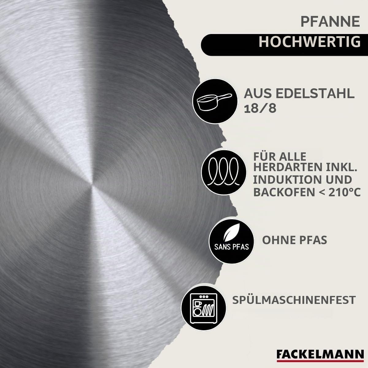 Fackelmann 9440550 Pfannen-Set, 3-teilig, 20, 24 und 28 cm, aus Edelstahl 18/8, 3 Glasdeckel und 6 Küchenutensilien, Pfanne für alle Herdarten, Induktion, Pfanne ohne PFAS, genieteter Griff, Edelstahl