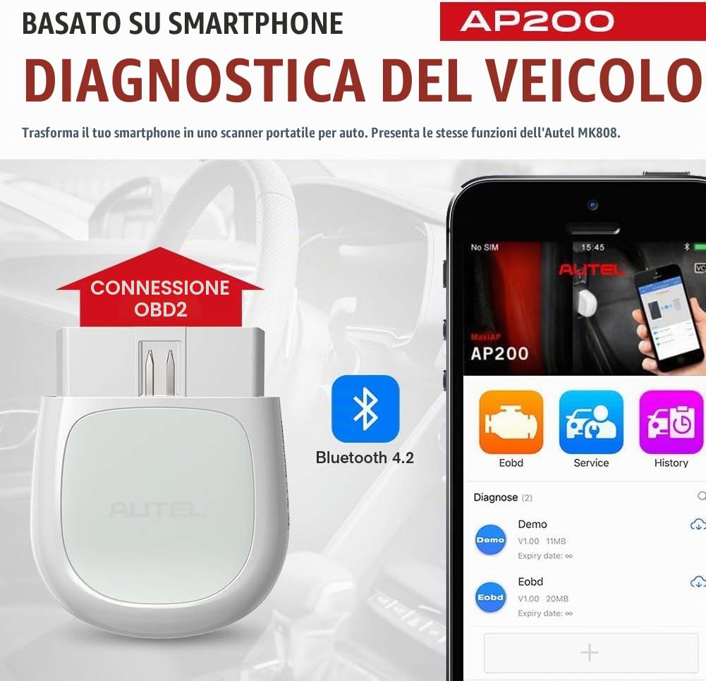 Autel AP200 OBD2 Bluetooth Diagnosi Auto con Diagnosi di Sistemi Completi, AutoVIN, Reset Olio EPB BMS SAS TPMS DPF Servizio, Strumento di Diagnostica OBD2 per iOS e Android