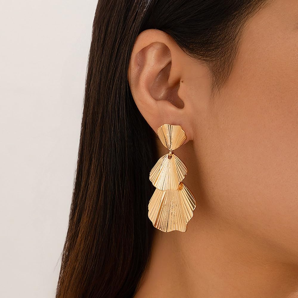 Bohemian Leaf Drop Earrings for Women,14K Gold Triple Metal Leaf Statement Earrings Exaggerated Palm Leaf Earrings Trendy Holiday Jewelry Gift - Image 4