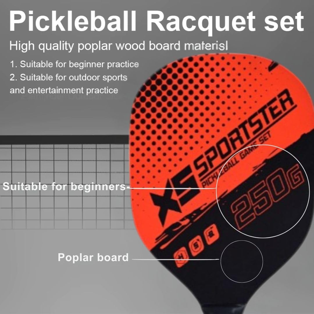 Qwick Click Wood Pickleball Paddles Kit, 4 Balls & Bag Racket Kids Adults Outdoor Gift Pickleball Paddle (RED) 1
