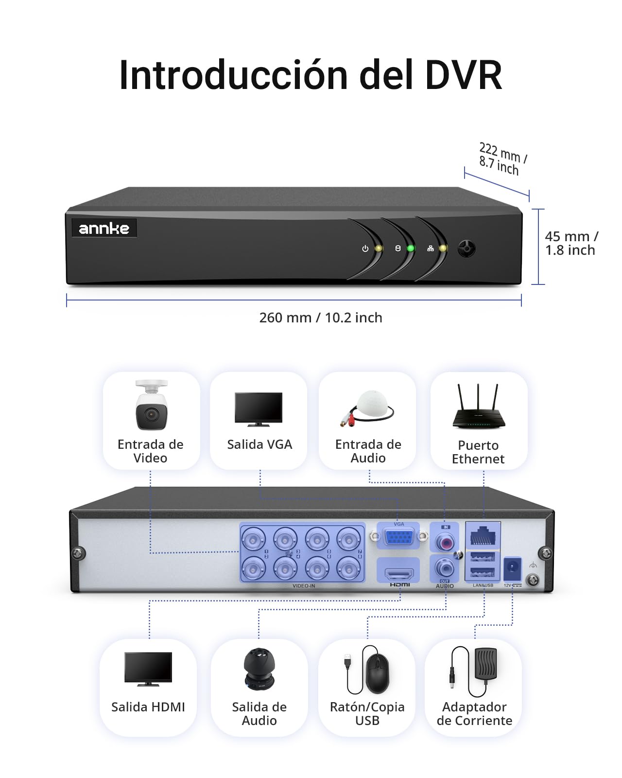 ANNKE 3K/5MP Lite DVR 8 Canales con 1 TB Disco Duro, CCTV Video Vigilancia DVR Soporta 8 Cámaras Analógicas y 2 Cámaras IP, Detección de Personas y Vehículos, H.265+, Alerta por E-Mail con Fotos