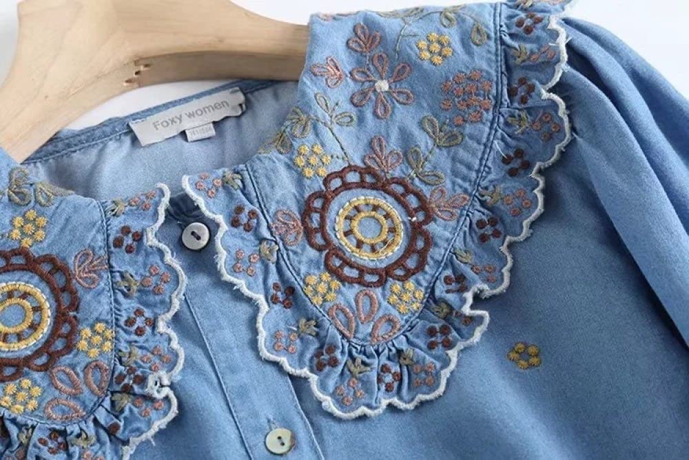 MIDJ Bluse Damen,Elegante Damen Jeanshemdbluse Langarmshirts Rüschen Blumenstickerei Pullover Tunika Business Jeanshemd Lässige Stehkragen Tops für Mädchen