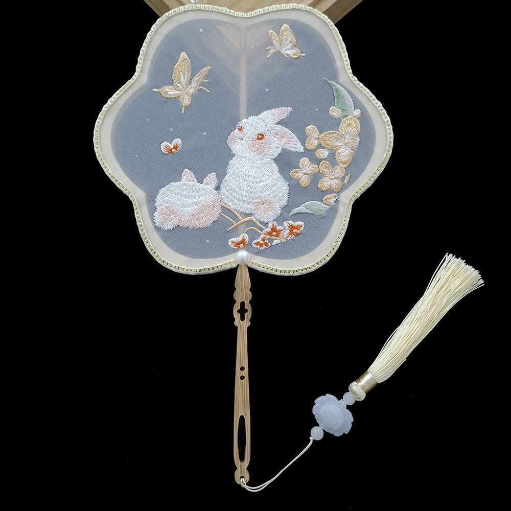 Yueyuan Chinese Embroidery Hand Fan Ancient Style Long Handle Tassel Hand Circular Fan Chinese Clothing Cheongsam Dance Small Fan(2)