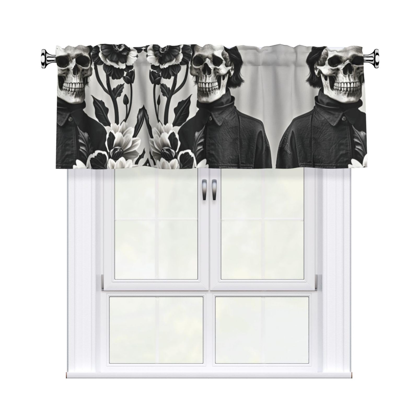 LMNGH Black and White Flowers and Skull Curtain Valance for Windows,Kitchen Window Curtains Blackout Drapes Window Treatments Decorative Rod Pocket Short Curtain for Living Room Bedroom,54" W x 18" L
