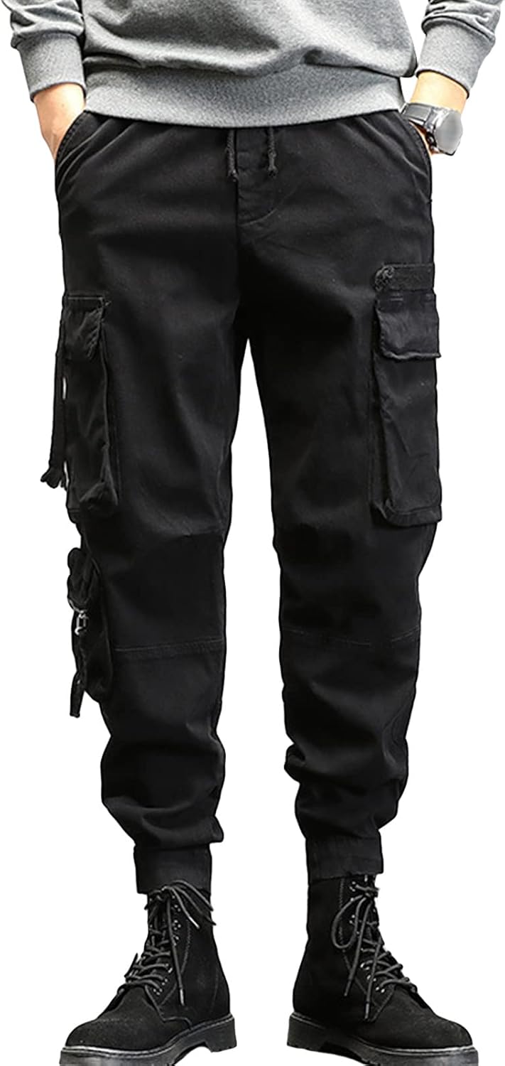 JEsilunmaMY Men's Multi-Pocket Slacks Elastic Waist Casual Loose Cotton Cargo Pants Athletic Workout Running Lounge Pants