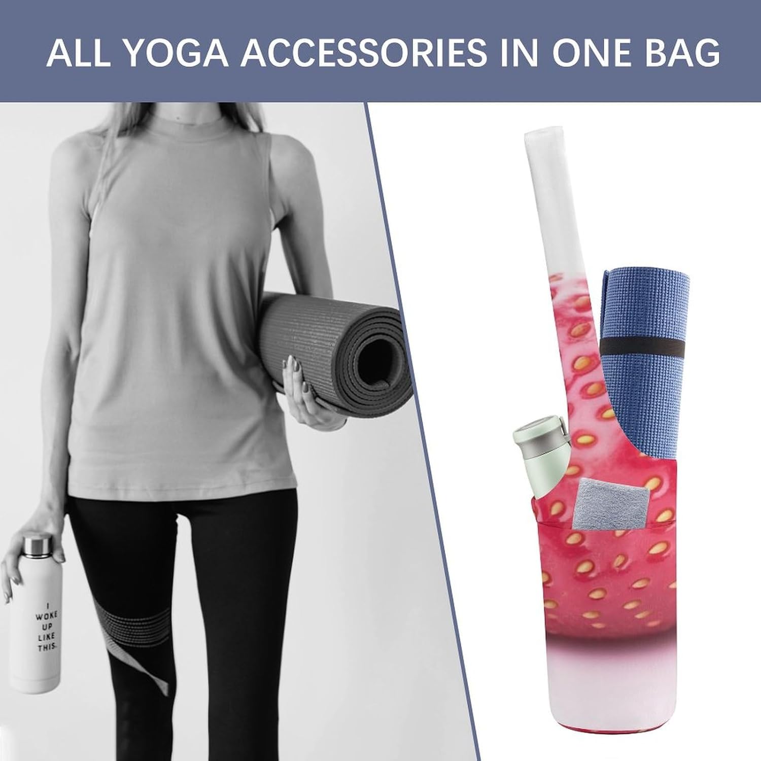 Canvas Yoga Bag,Strawberry Printed Yoga Mat Handbag,Portable Yoga Mat Bag Large Capacity Gym Bag for Men Women Pilates Beach Travel