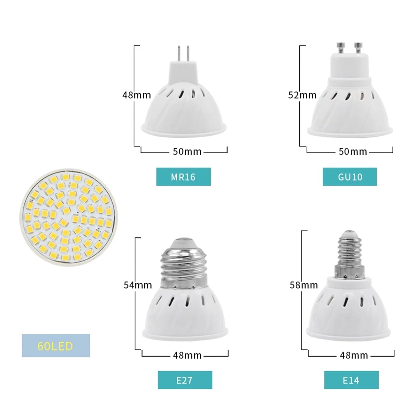 Generico zhuguiming 10 pezzi/lotto GU10 MR16 LED E27 E14 lampada faretto lampadina AC 220V 240V 48 60 80 for interni(GU10,COLD WHITE_220V 7W 60LEDS)