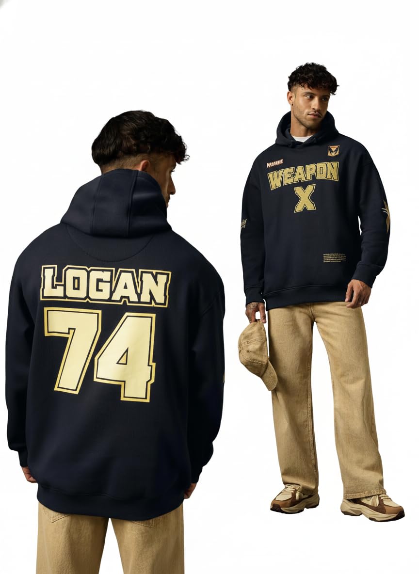 Wolverine: Weapon X Men and Boys Full Sleeves Hooded Neck Navy Blue Embroidered Cotton Blend Drop Shoulder Streetwear Trendy Pullover Oversized Fit Hoodie-image-46