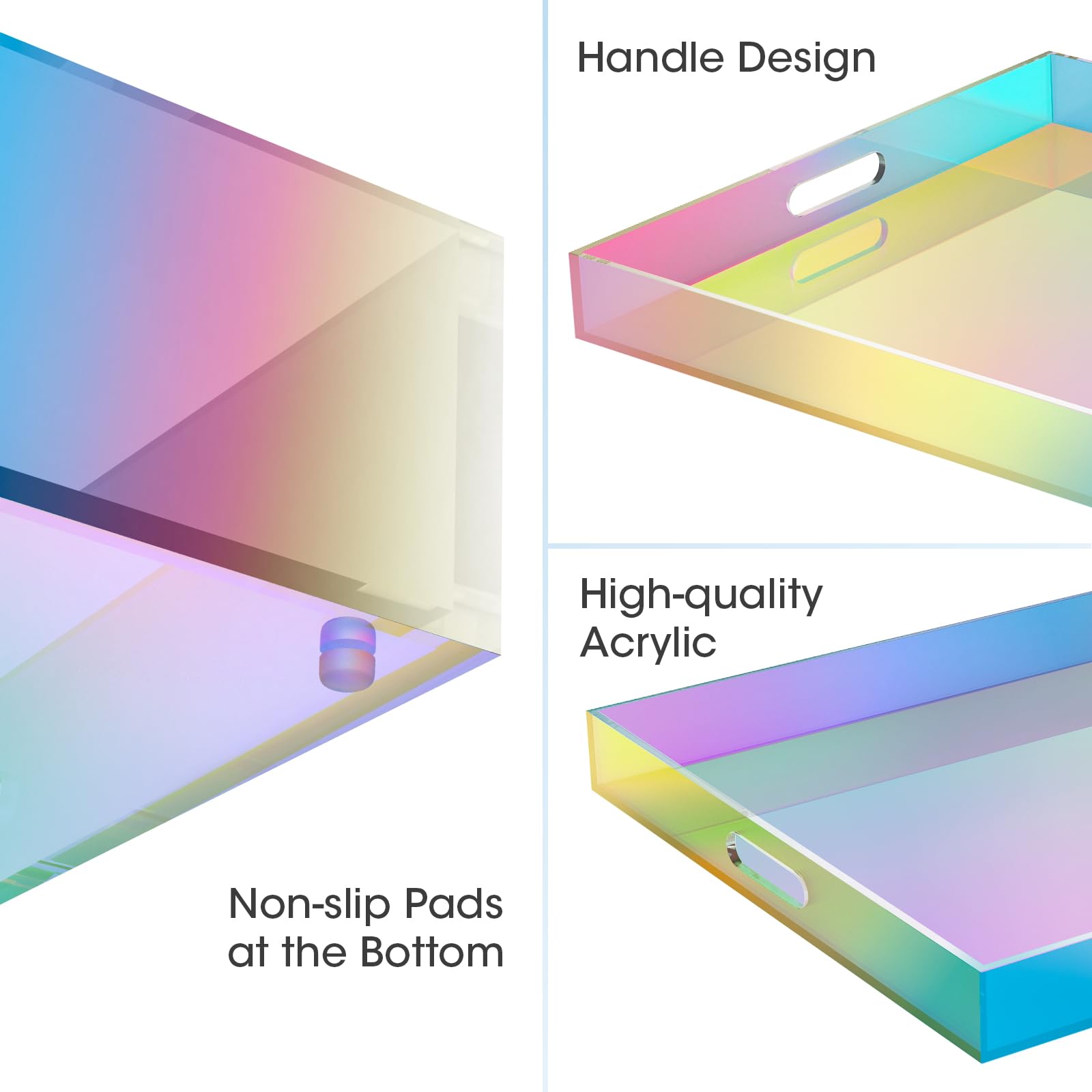 NiHome Bandeja acrílica iridiscente de 20 x 16 pulgadas para organizar y servir, material duradero y fácil de limpiar con diseño reflectante de luz, asas ergonómicas fáciles de llevar, estabilidad