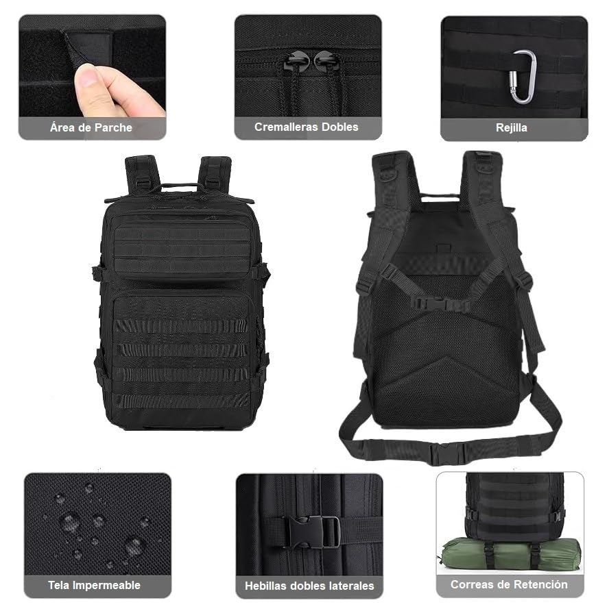 Mochila de viaje Tácticas Militar, 45L Bolsa equipaje de mano, cabina, Crossfit, Impermeable Supervivencia, Montañismo, Senderismo, Trekking, Acampada (Negro)