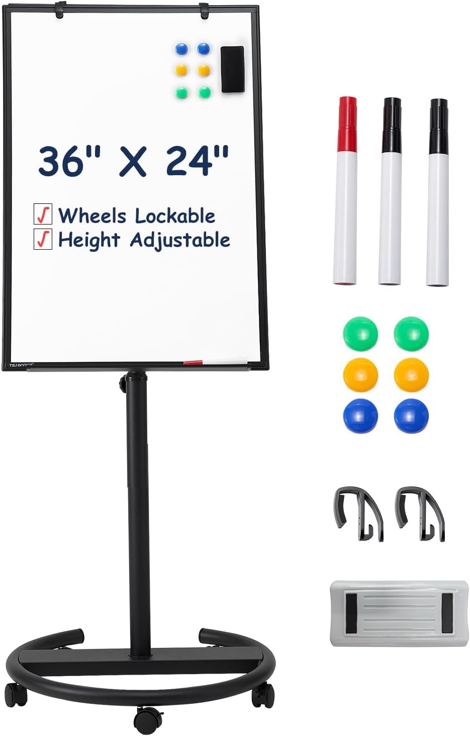 TSJ OFFICE Mobile Whiteboard Standing - 36 X 24 Inches Magnetic Rolling White Board, Height Adjustable Dry Erase Board on Wheels with Flip Chart Hooks, Black