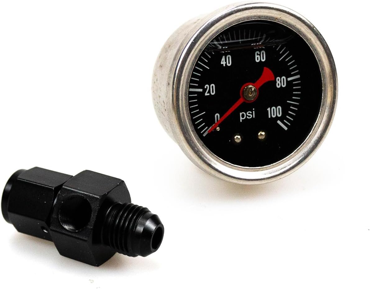 Universal Fuel Pressure Gauge, Liquid 0-100psi Oil Press Gauge 1/8 NPT with An6 Fuel Pressure Take Off Fitting 6an Adapter for Car & Truck