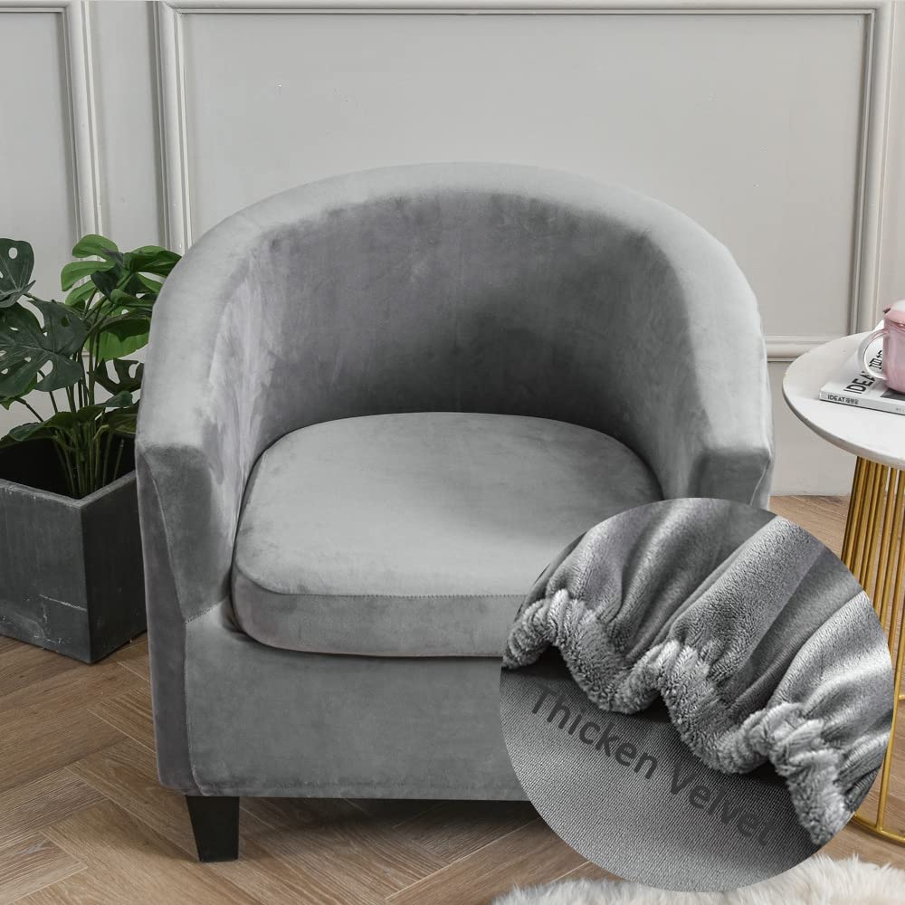FANSU Velvet Tub Chair Cover for Armchairs, Elegant Solid Color Thicken Stretch Slipcover Dust Proof 2-Pieces Sofa Cover Washable Furniture Protector Covers for Club Tub Chairs (Grey)