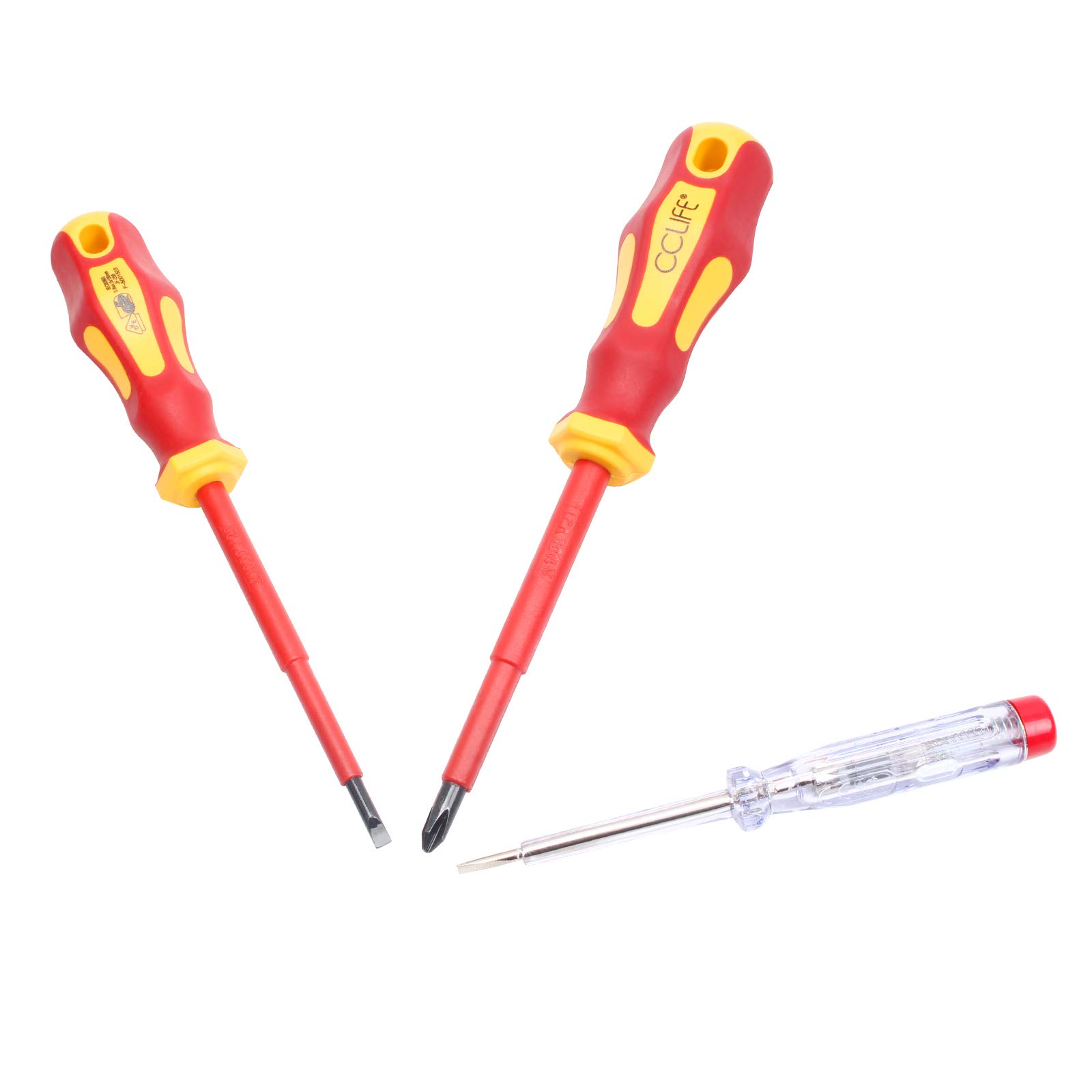 CCLIFE 9 pièces Jeu de VDE Tournevis électricien isolé 1000V testeur de tension, Tournevis tête plats et cruciformes | PH & PZ modèle| Poignée en caoutchouc antidérapante avec trou