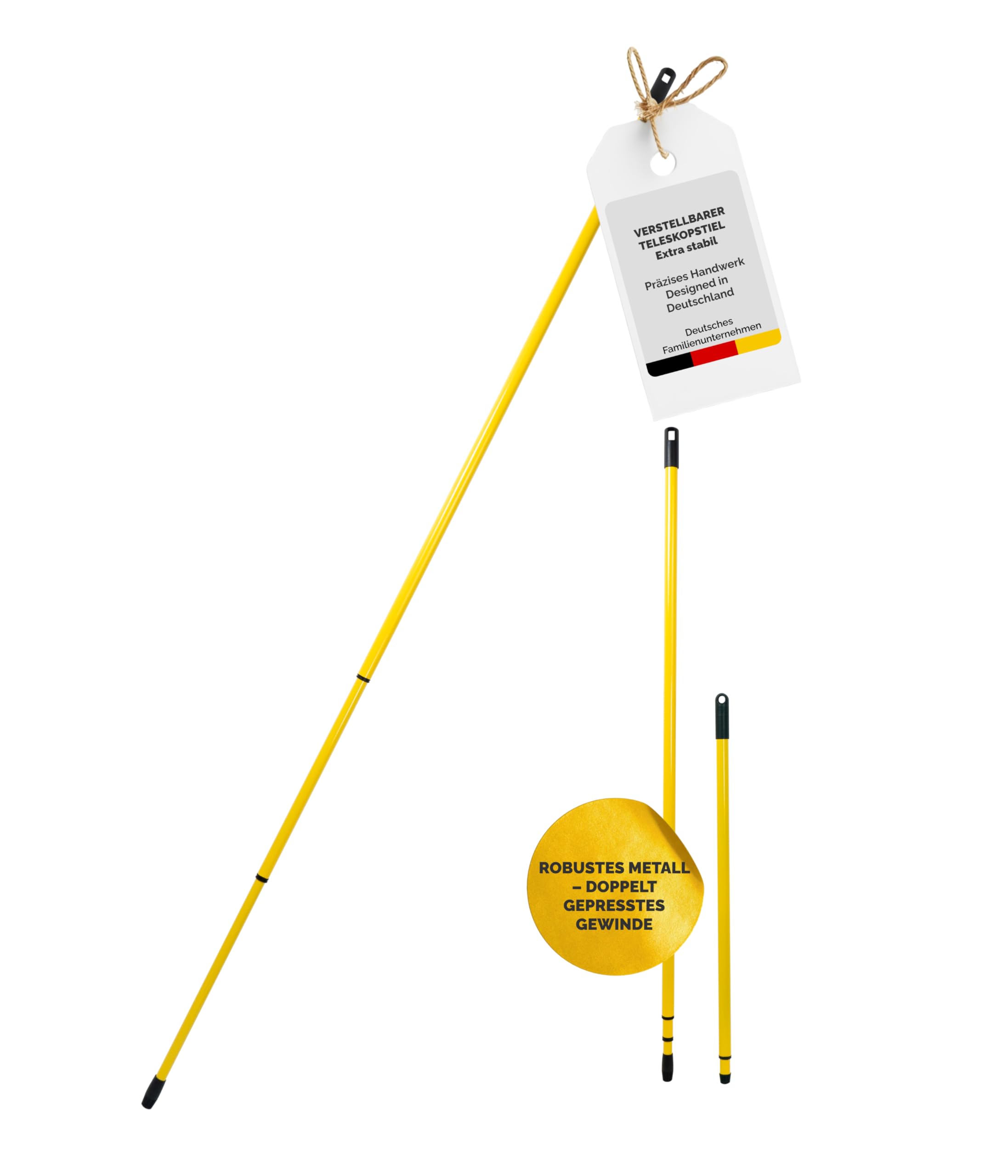 FRITZE® Teleskopstiel Gelb (80–140 cm) – Stabiler Besenstiel aus Metall mit Drehkappe und Aufhängeloch – Längenverstellbar für Krallenbesen und Zubehör – Für Haus und Garten