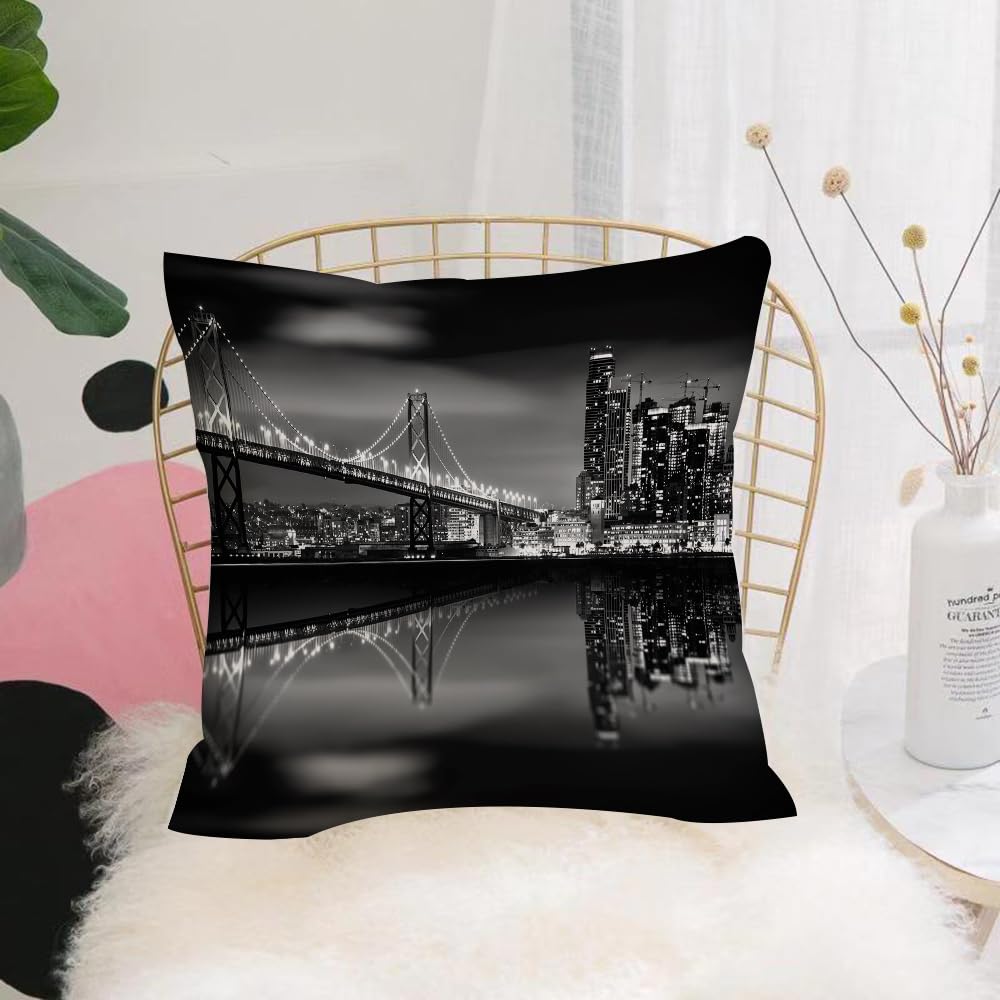 HYOSXW Cushion Cover,Throw Pillow Case Home Decorative for Living Room Bedroom Sofa Chair 16X16 Inch,Black and white, panoramic view of the San Francisco Bay Bridge metropolis with,Pillowcase 40X40cm