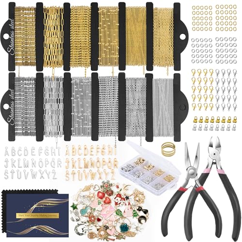 HUISUYTON 18K Gold Necklace Chain Kit for Jewelry Making 59FT 12Rolls Bracelet Chains with Charms/Pliers/Jump Rings/Lobster Clasps Accessories for DIY Necklace Bracelet Making