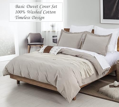 Miniatura 3 de DAUAOTO Juego de funda de edredón Queen de 90 x 90 pulgadas, color beige grisáceo, aspecto de lino neutro, algodón lavado, cierre largo con