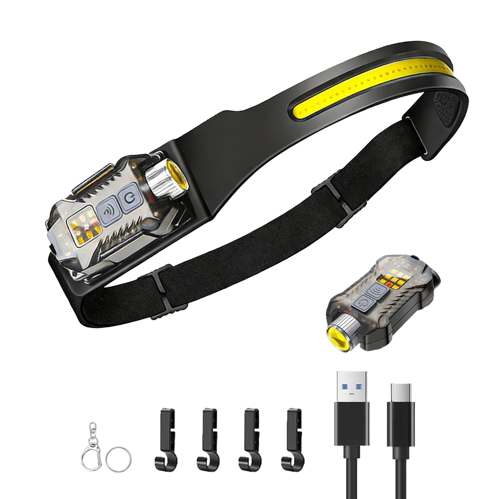 Headlamp Rechargeable LED Head Lamp with Motion Sensor, 2 in 1 Detachable 230° Wide Beam Headlight for Forehead, Hard Hat Headlamps for Adults, for Hiking, Repairing, Fishing, Running, Camping (Black)-image-43