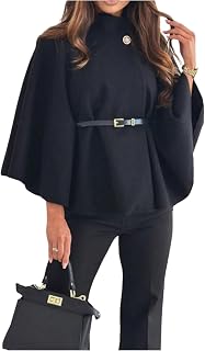 Women's Cape Coat Bat Wing 3/4 Sleeve Mock Neck Poncho Pea Coat Dressy Outerwear Jacket