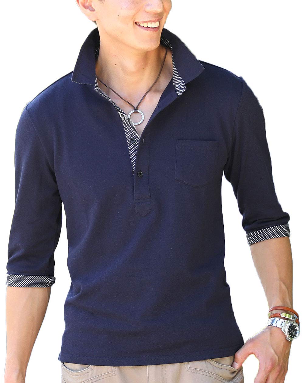 【新品】Ballseyネイビーリブ編み五分丈ポロシャツ 新品】Ballseyネイビーリブ編み五分丈ポロシャツ メンズ