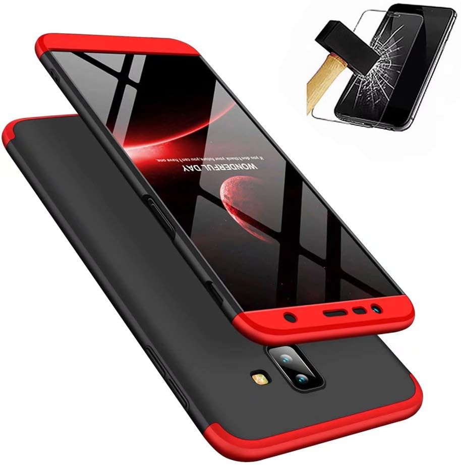 Samsung Galaxy J4+/J4 Plus (2018) Case with tempered glass, MISSDU Slim Shockproof PC 360 degree Hard Protective Back Cover - black red