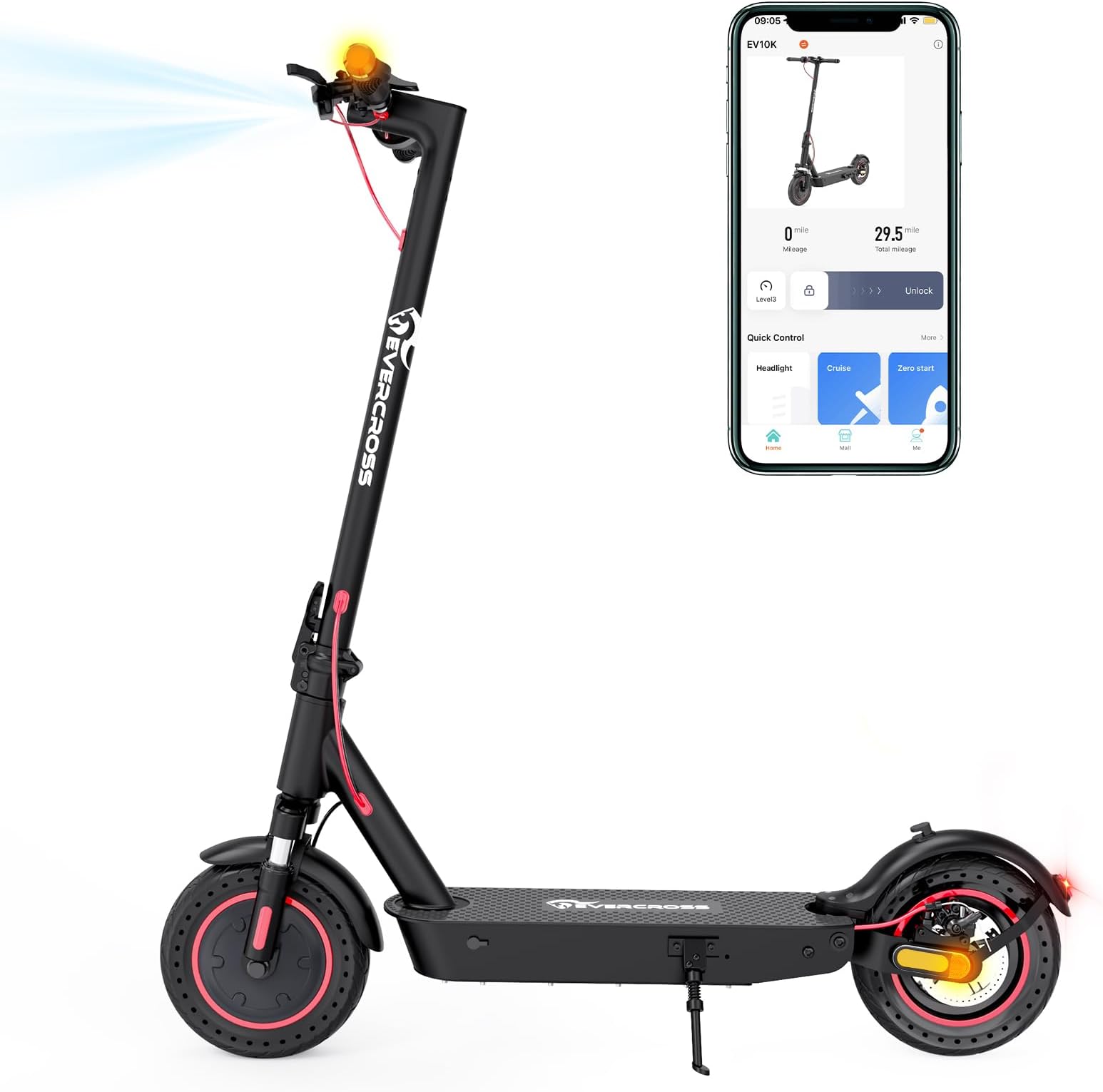 EVERCROSS Electric Scooter for Adults with APP Control - 500W, Up to 19 MPH & 22 Miles, 10'' Lightweight Folding, UL2272 Certified, Black, EV10K