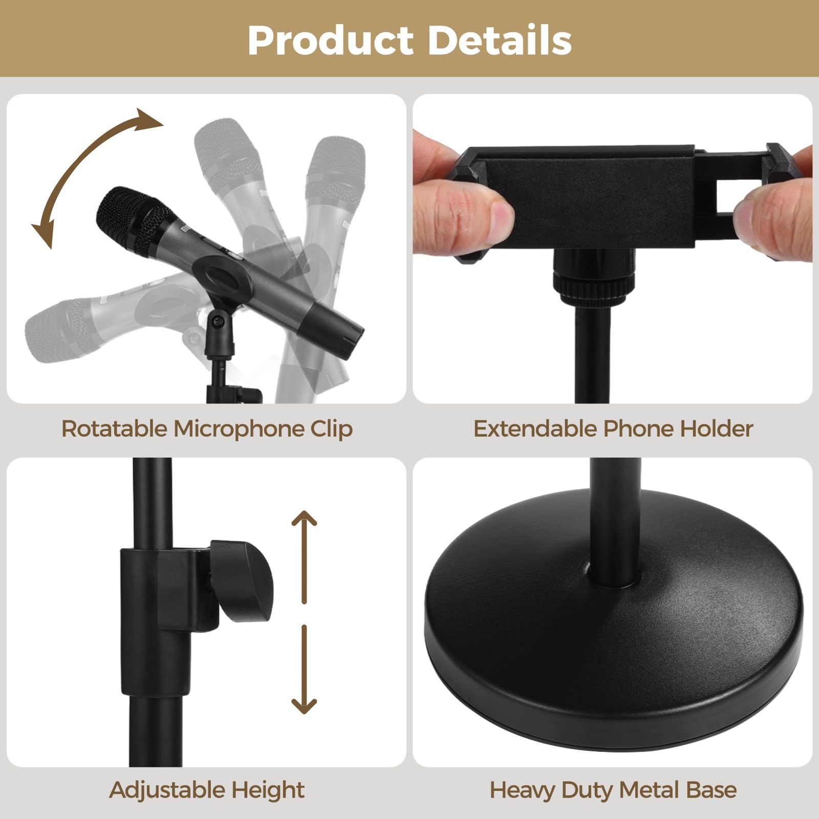 Lot de 4 supports micro réglables pour bureau, avec pince micro et support téléphone, base métallique lestée, adaptateur 3/8 à 5/8 inclus, pour enregistrement et podcast