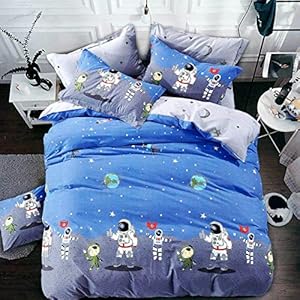 Ab Home Decor Space View Cartoon Character Print Cotton Bedsheet for Kids Double Bed Boys/Girls - Sheet Size 90 x 100 with 2 Pillow Covers Multicolour