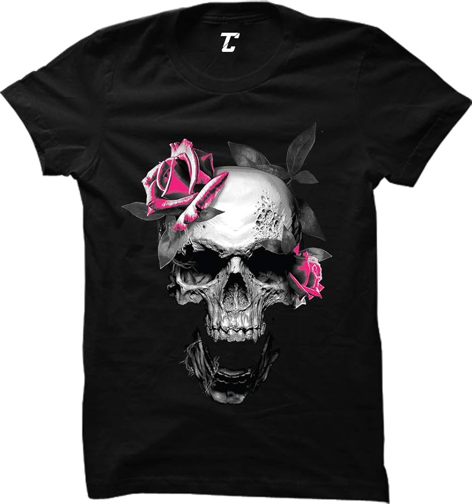 Pink Rose Skull - Badass Skeleton Women's T-Shirt (Black