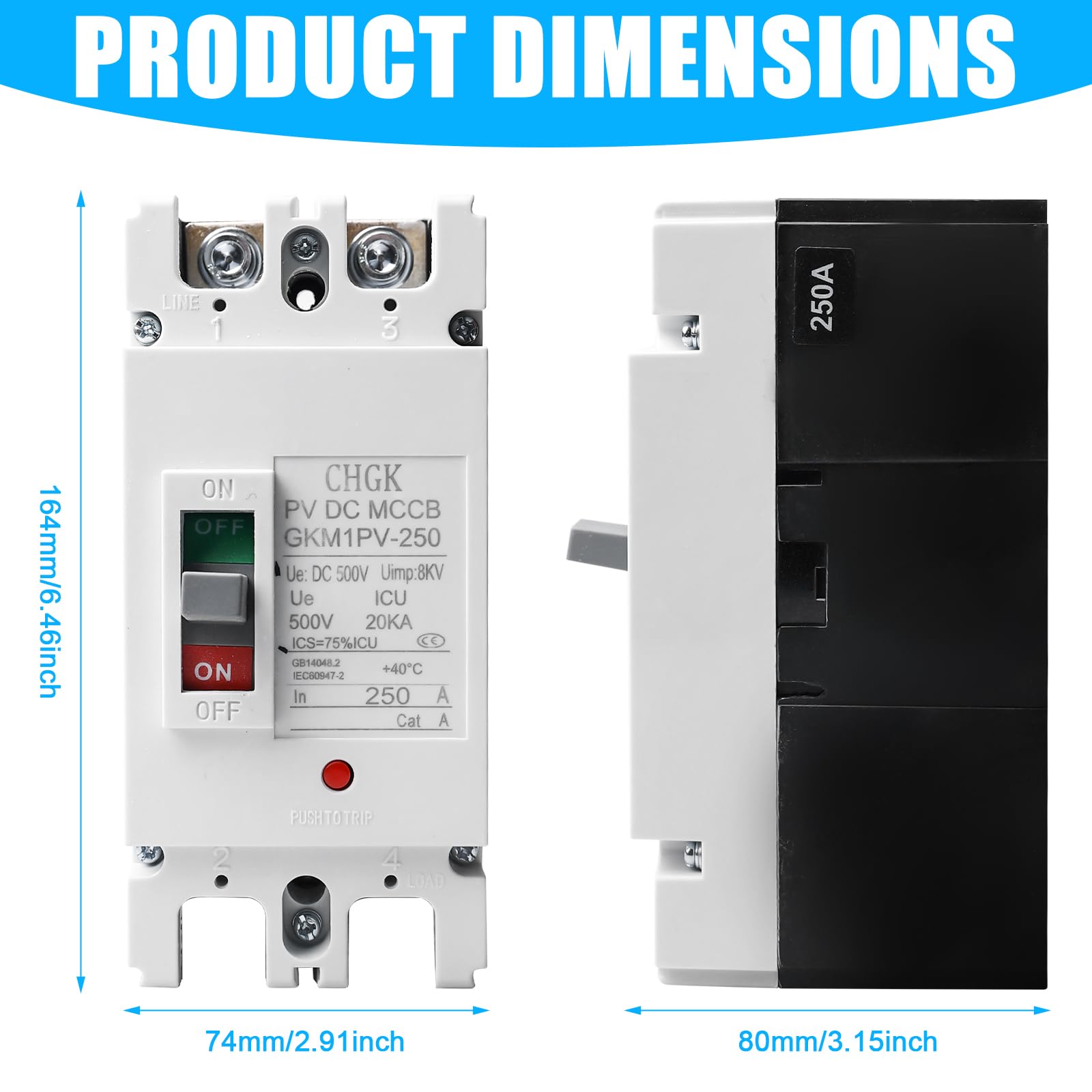 MCCB - Disyuntor de corriente continua (2 pines, DC500 V, 200 A, incluye accesorios de montaje, disyuntor fotovoltaico para sistema solar fotovoltaico, módulos solares, sistema de red
