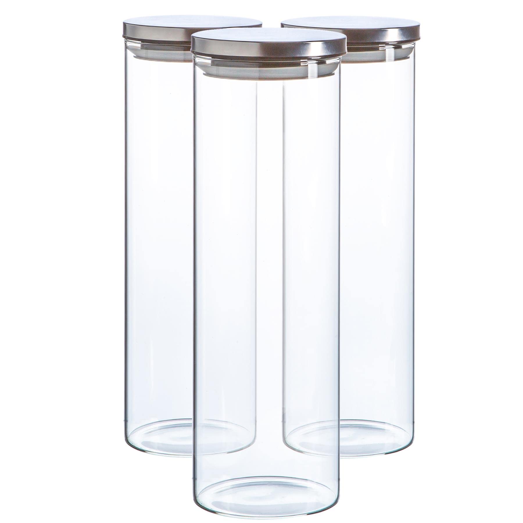 Argon Tableware Scandi Storage Jars with Metallic Silver Lids - 2000ml - 3 Pack - Modern Round Organisation Container Glass Jar for Kitchens, Pantry, Bathrooms, Utility Rooms