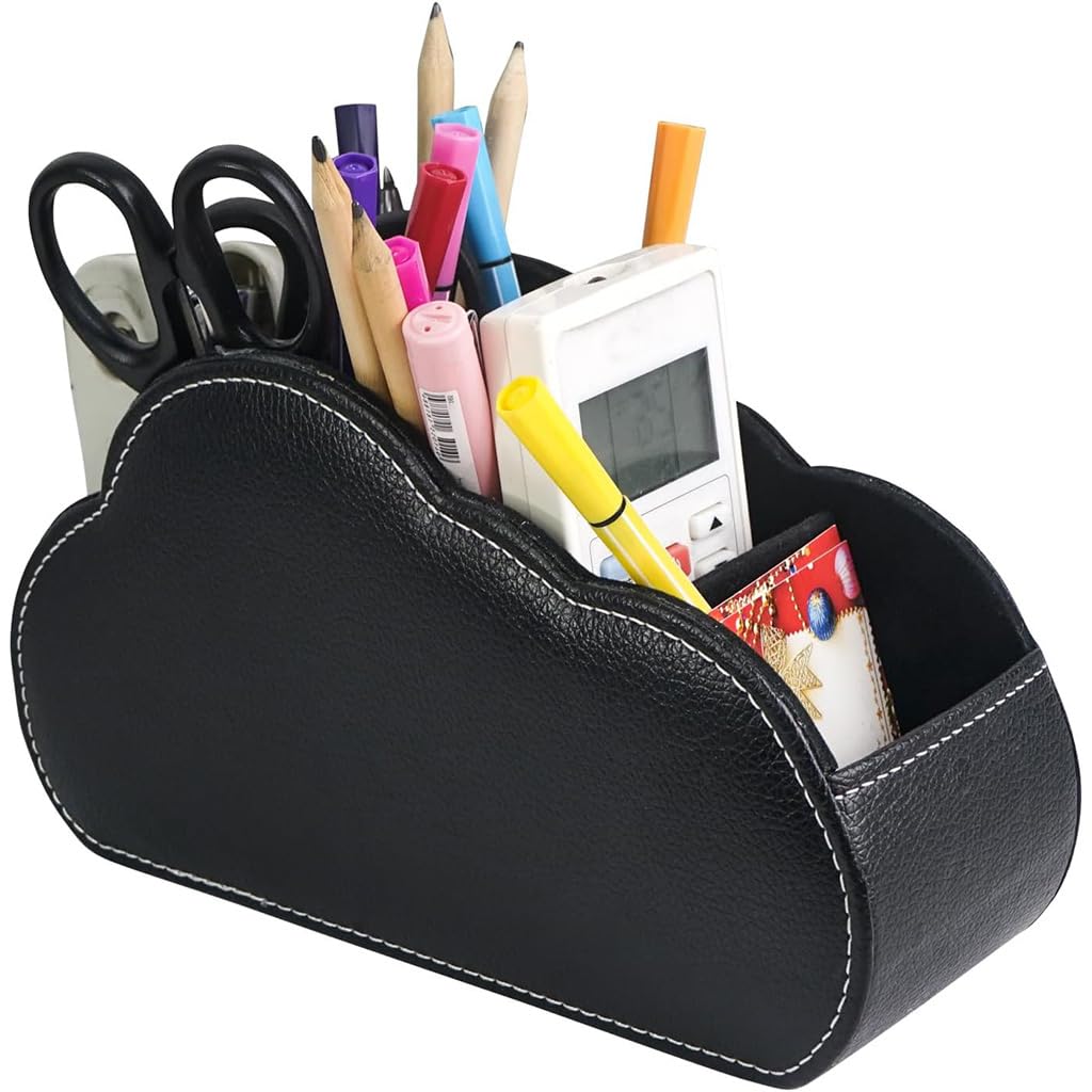 Remote Holder for Table with Multi Compartment PU Leather Organizer, Cloud Shape Remote Control Storage Box for Living Room Office, Desk Caddy for TV AC Media Devices