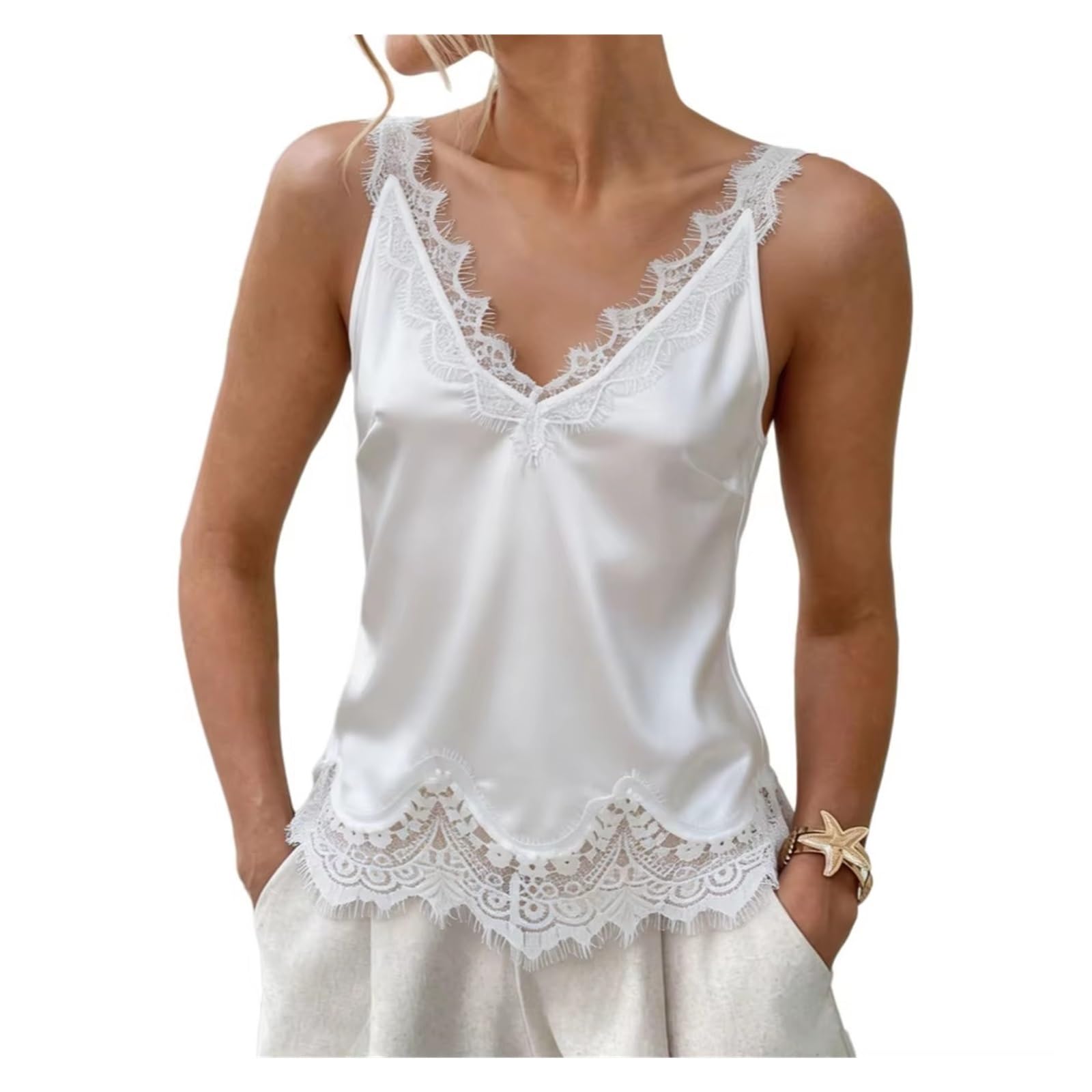 Top da donna in raso e pizzo Bordo in pizzo con ciglia in raso scollo a V | Canotta bianca slim fit, canotta senza maniche for donne quotidiane e for appuntamenti