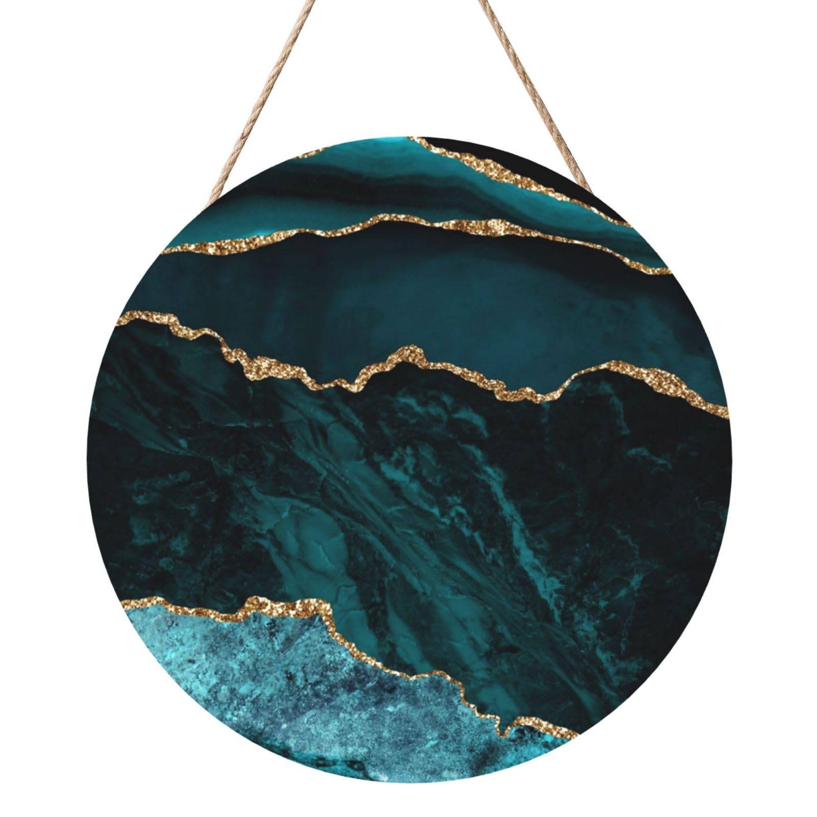 InOmak Teal Emerald Marble L And Scapes, Round Wood Panel Painting 12 in, Wall Hanging Painting For Home