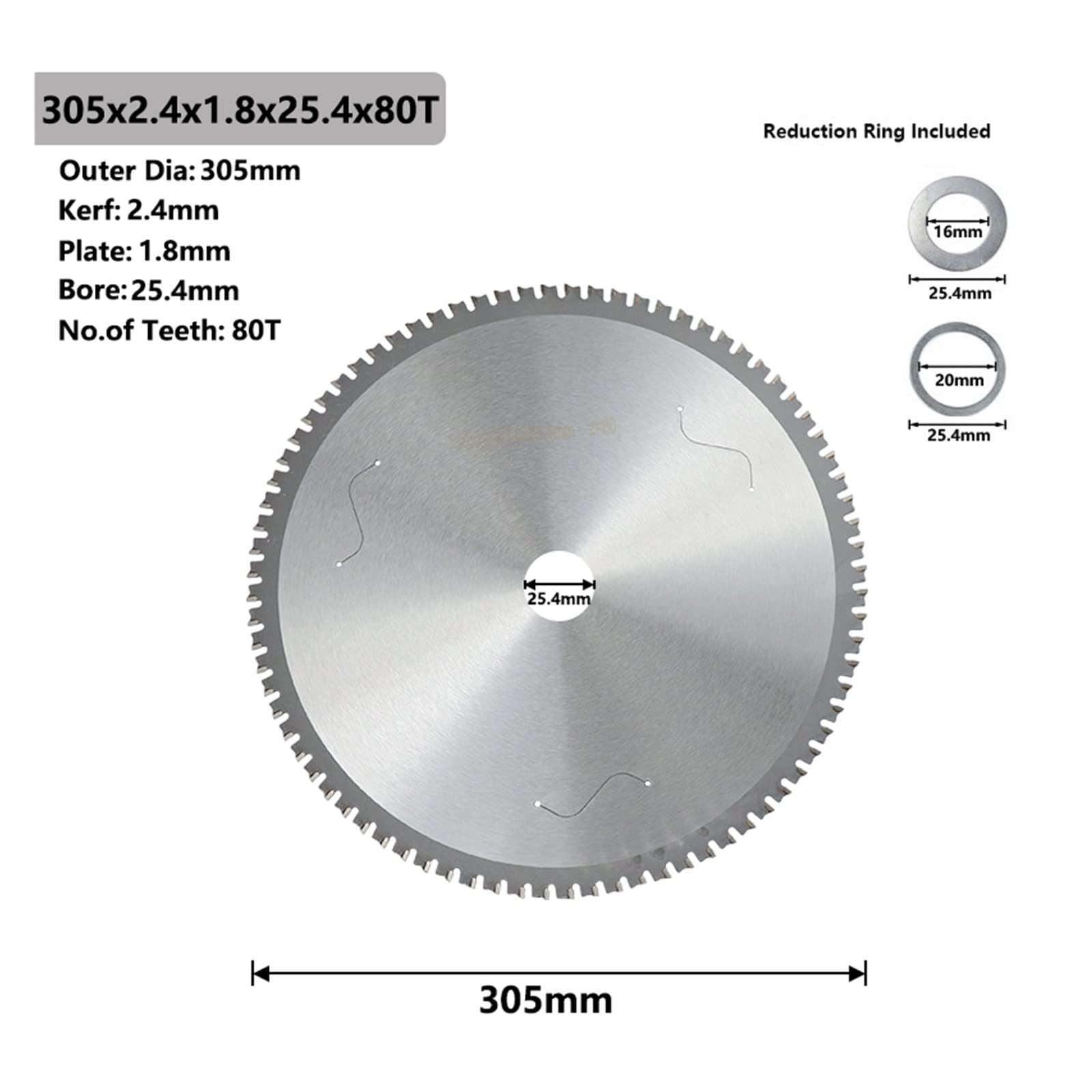 HYSOND Metal Cutting Blade, 180/230/305/355mm Circular Saw Blade for Aluminum Iron Steel Metal Cutting Disc Carbide Saw Blade (Size : 305x2.4x1.8x25.4x80T)