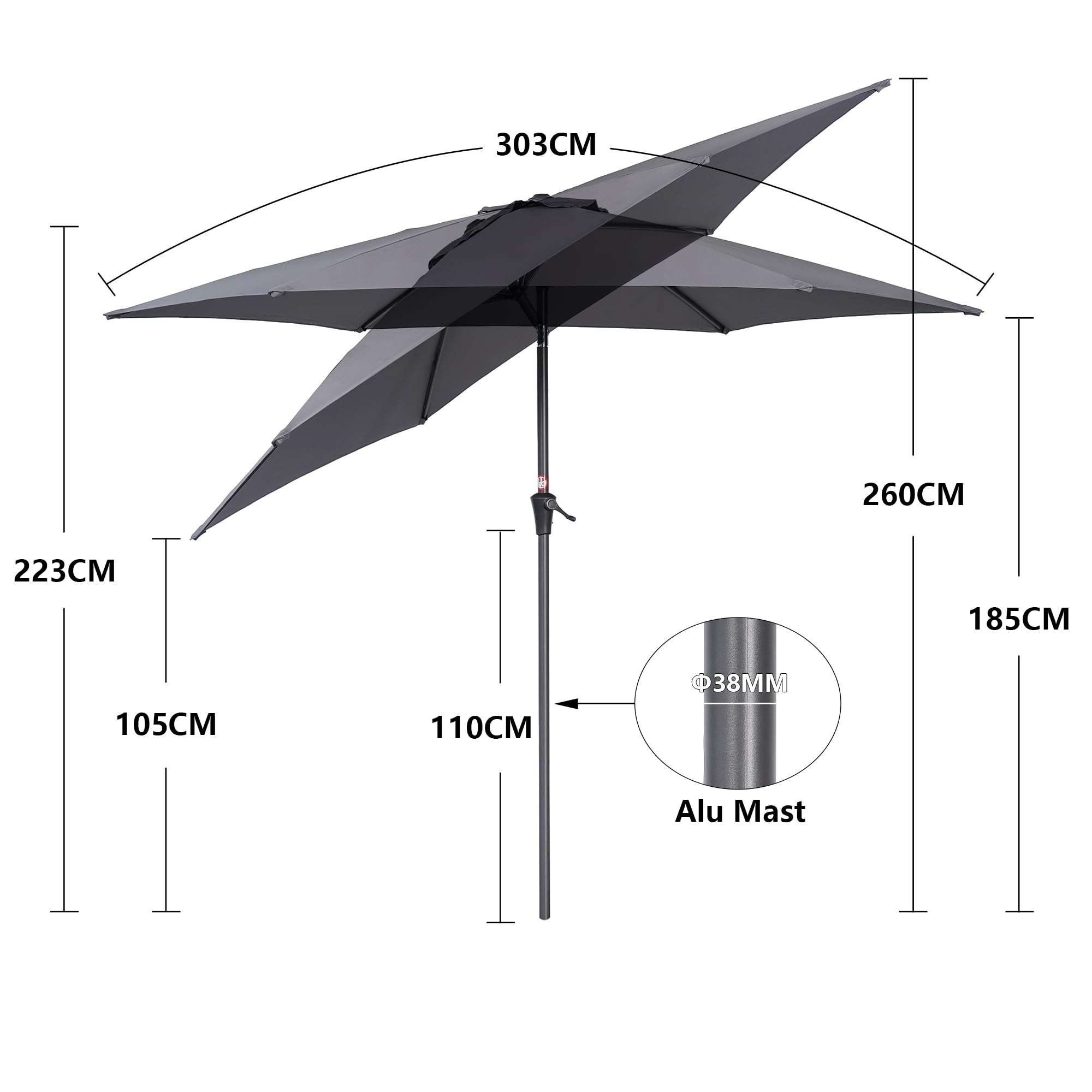 Deuline Alu Sonnenschirm Ø300cm Gartenschirm Terrassenschirm Marktschirm neigbar mit Kurbel Aluminium Mast UV50+ Bespannung MALTA+