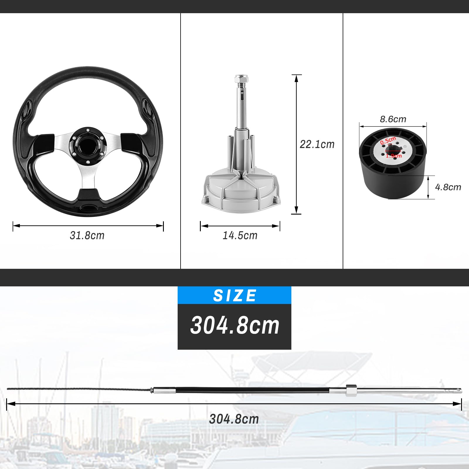 Acclcors Sistema di sterzo meccanico, kit di sterzo rotativo da 304,8 cm, cavo di controllo fuoribordo, sistemi di sterzo marino, per barche da pesca, yacht e altre imbarcazioni, con volante - 3