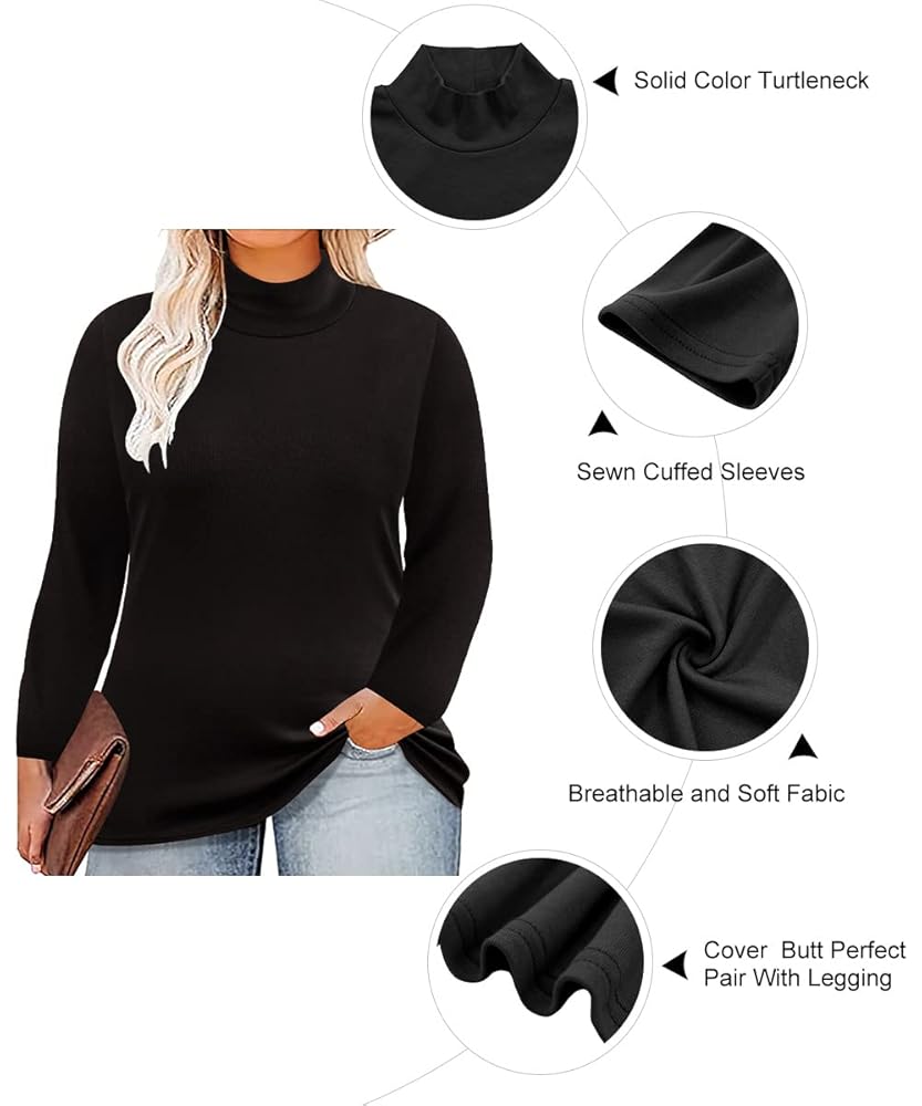 RITERA Plus Size Tops for Women Black Turtleneck 1X Long