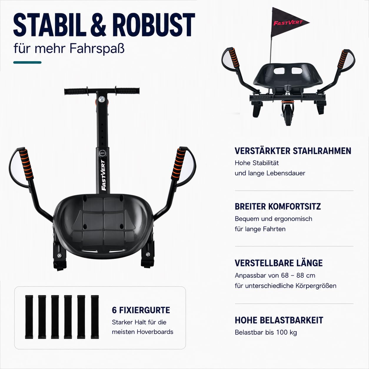 Umweltfreundlich Hoverboard Sitz mit Sicherheitsflagge | Kompatibel mit 6.5", 8", 8.5" & 10" Hoverboards, mit Handguards und robustem Stahlrahmen für mehr Sicherheit