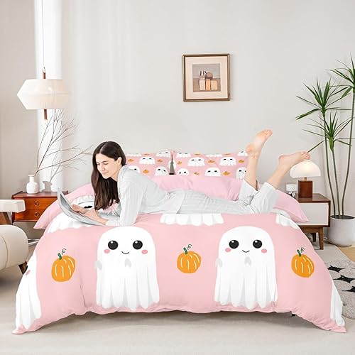 Miniatura 2 de Juego de funda de edredón con estampado rosa y blanco dibujado a mano, tamaño King, funda de edredón de calabaza en acuarela de Halloween con 2