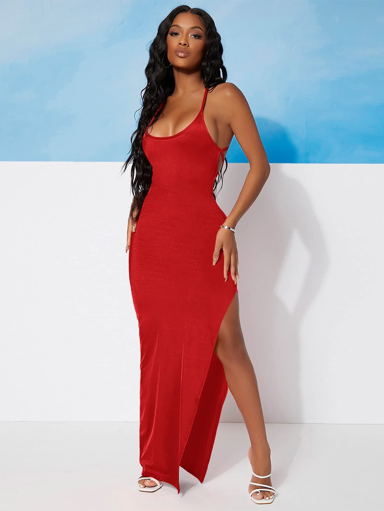 Amazon.com: Women's Sweaters Tied Open Back High Split Bodycon Dress  Sweaters (Color : Red, Size : Large) : Clothing, Shoes u0026 Jewelry