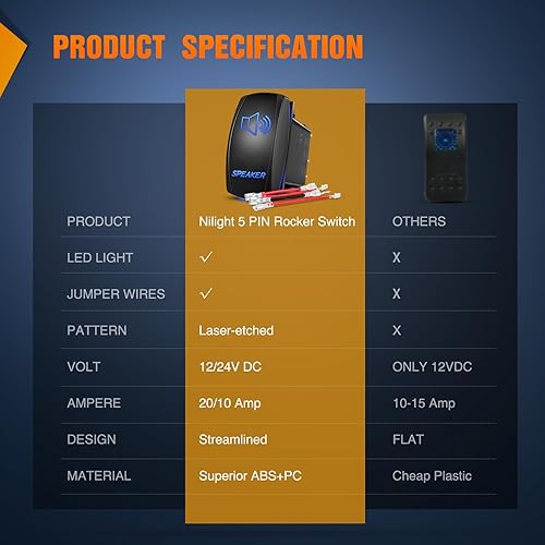Miniatura 9 de Nilight Interruptor basculante de altavoz, interruptor de barra de luz LED, interruptor láser de 5 pines, encendido y apagado, interruptores SPST