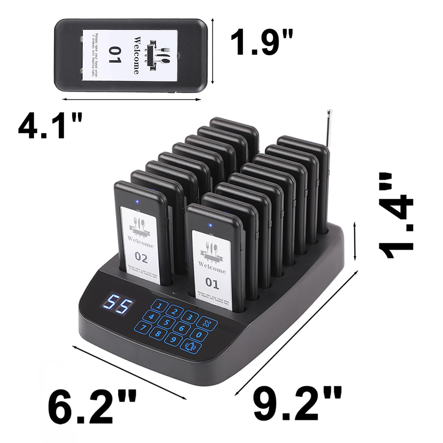 Sistema de buscapersonas de restaurante, 16 captadores inalámbricos, teclado de visualización táctil, llamadas a clientes esperando buscapersonas con flash de vibración y zumbador para cola