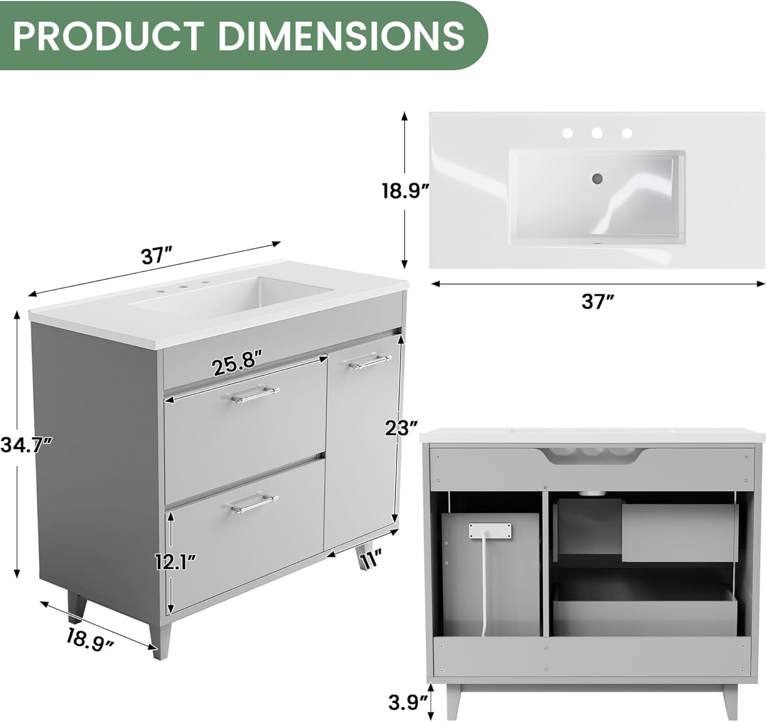 37'' Standard Size Bathroom Vanity with Tops, 3 Drawers, Built-in Power Outlet, Storage Unit (Gray,Assembly Required)