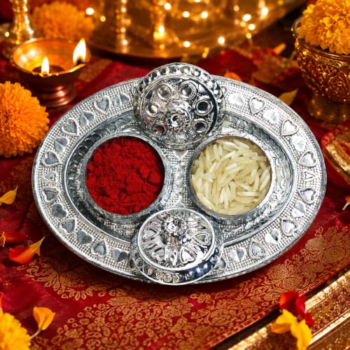 Image of Oblivion Multi Design Rakhi Set for Brother | Set of 5 Rakhi for Brother with Flower, Butterfly, BRO & Designer Rakhis, Silver Colour Pooja Thali, Pooja Coin, Kumkum Chawal & Greeting Card