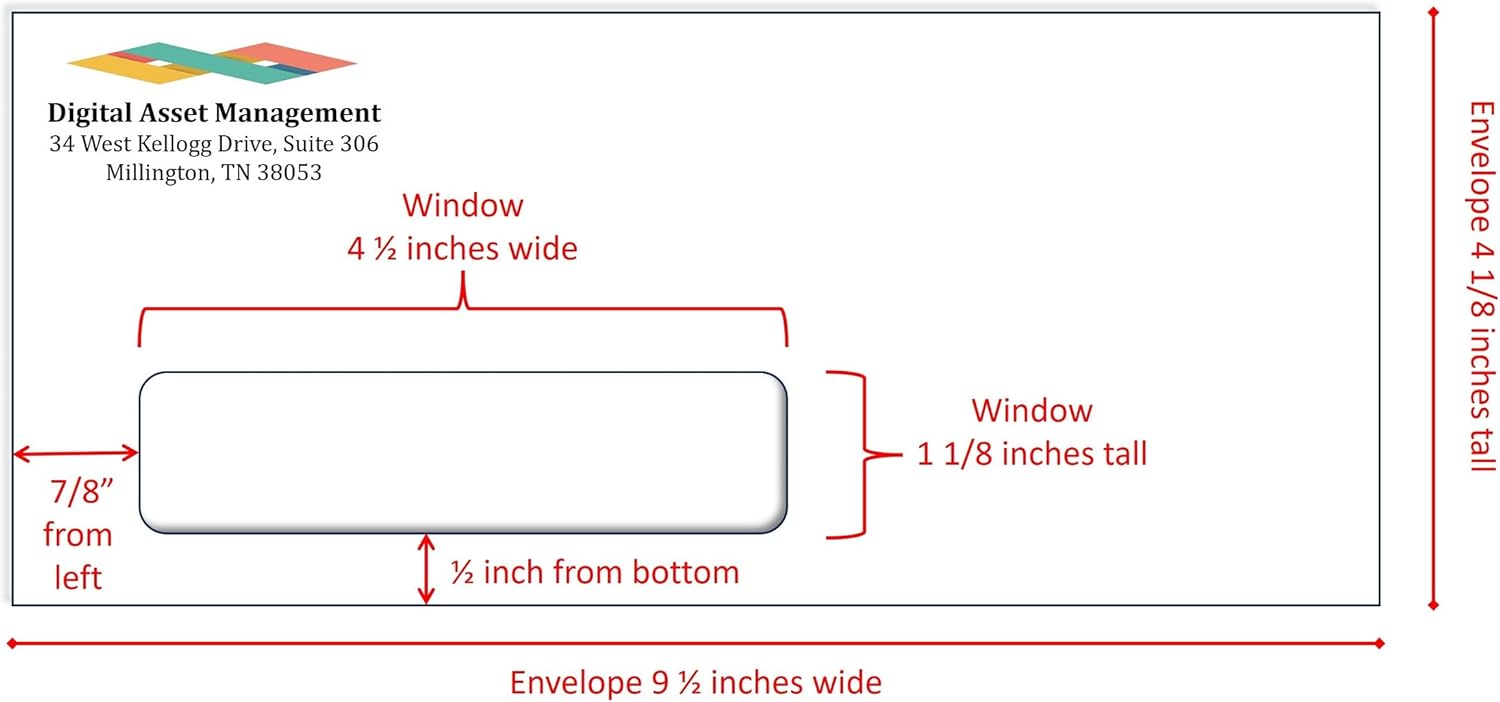 100 Printed Window Envelopes #10, White, Single Left Window, Gummed Enclosure or Optional Self Seal Security Tint, Text and Logo Customization, Size 4-1/8 x 9-1/2 Inches, 24 LB